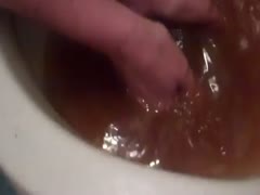 MILF scoops the excrement into the toilet bowl with her hands.